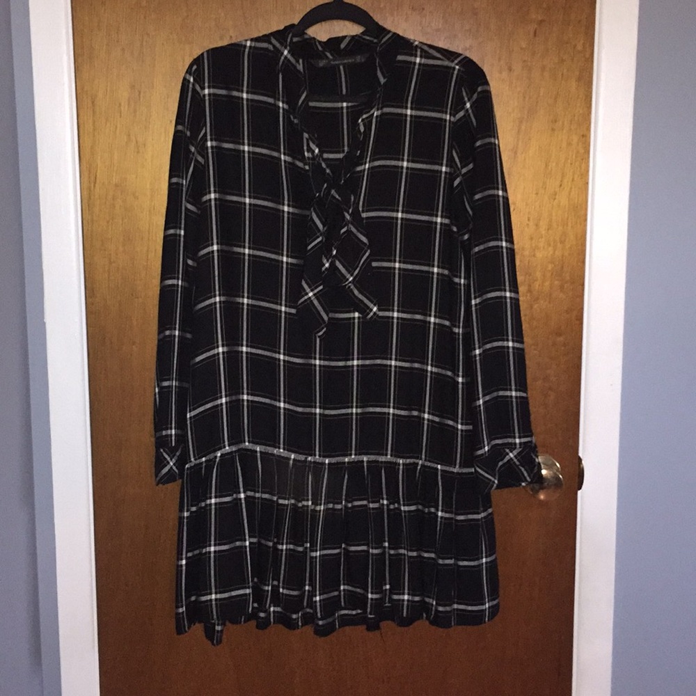 Black and white plaid dress with neck tie
